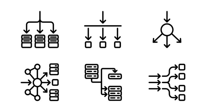 Data Flow Icons, Information Processing Set, Network Distribution Symbols, Vector Graphics for Technology Concepts