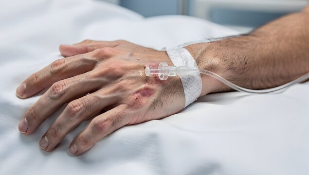 Ultra-realistic close-up of male patient arm with peripheral intravenous transfusion catheter, nurse care in hospital room, white pillow, calm recovery, natural clinical detail, believable realism