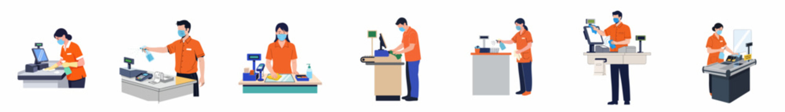 Supermarket cashiers in face masks and uniforms cleaning and disinfecting checkout counters with sprays and wipes, safety and hygiene protocols illustration set.