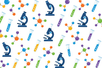Obraz premium Comprehensive seamless vector pattern with science test tubes molecules and microscopes in a flat 2D graphic design with solid colors for laboratory backgrounds and educational science themes.