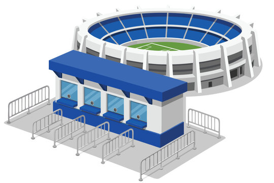 Vibrant isometric vector illustration of a ticketing booth outside a large sports stadium, representing event management, fan entrance, and the excitement of a live game in detailed 3D flat style.