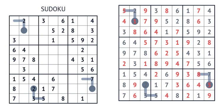 Sudoku puzzle with solved example and highlighted solutions  