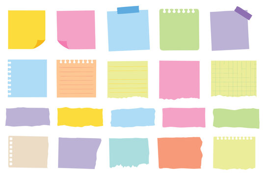 Set of twenty isolated blank colorful sticky notes and torn paper pieces. Flat vector illustration of office stationery supplies like post-it pads and ripped scraps for reminders and memo notes.