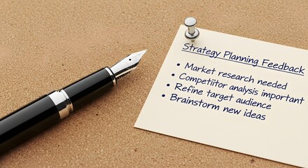 Fototapeta premium Strategy Planning Feedback note with a fountain pen for the concept of business strategy and planning.