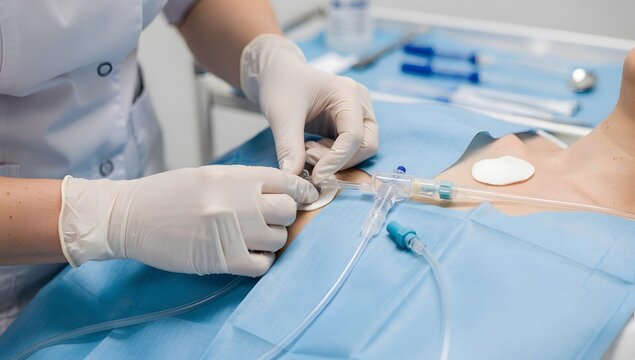 Close shot of nurse hands preparing a venous catheter for central line access in a hospital procedural setup