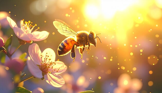 Honey bee pollinating spring cherry blossoms at sunset