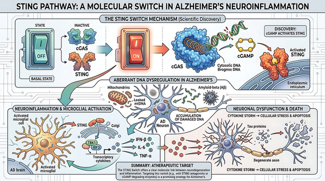 Scientific visualization of the STING molecular pathway switch as a neurological discovery triggering inflammatory responses in brain cells related to Alzheimer disease and neurodegeneration.