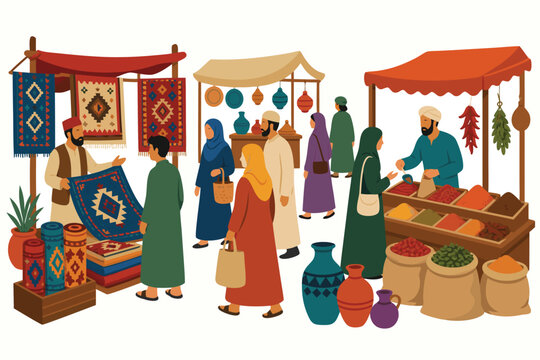 Flat vector illustration of a bustling traditional bazaar with vendors selling carpets and spices, modern minimalist market scene depicting culture, heritage, and vibrant oriental street shopping.