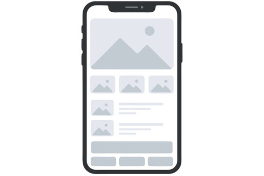 Flat vector illustration of a blank generic smartphone screen wireframe with simple image placeholders, mobile app interface design mockup, sleek modern cell phone display for UI UX presentation.