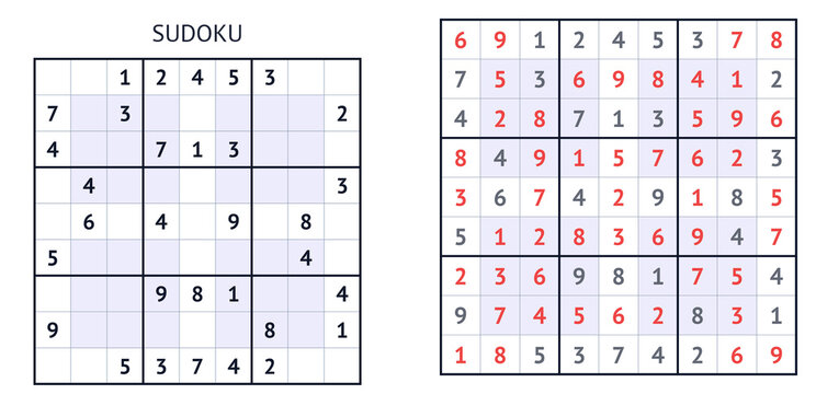 Sudoku puzzle with filled and empty grids on white background  
