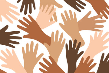 Fototapeta premium Seamless vector pattern featuring abstract overlapping hands in various diverse skin tones, representing unity, community, and global cooperation in a modern flat 2D graphic design style.