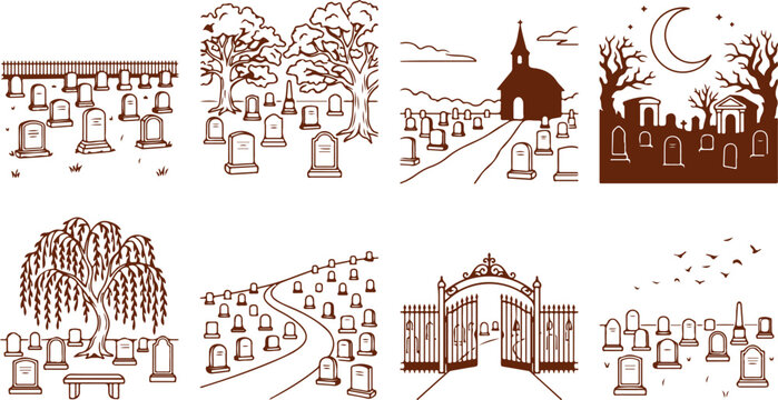Collection of graveyard cemetery tombstone scenes with spooky spooky trees church and moon for halloween design elements.