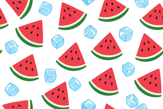 Seamless vector pattern of juicy watermelon slices and cold ice cubes in flat 2D graphics with solid colors. Vibrant summer fruit background for refreshing and tropical design projects.