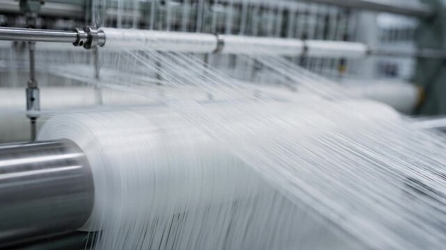 Closeup medium shot showcasing fine polyester staple fibers being spun on automated lines highlighting delicate strands and precision manufacturing