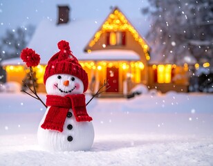 Obraz premium Snowman in front of house winter.