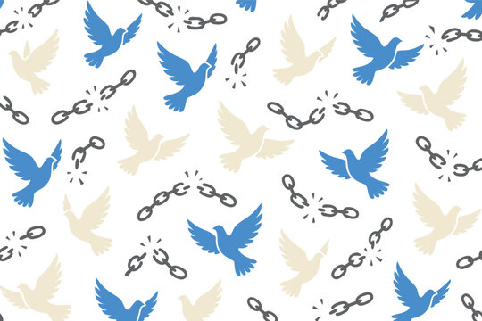 Seamless vector pattern featuring broken metal chains and white flying doves, symbolizing freedom, liberation, peace, and the breaking of boundaries in a clean flat 2D graphic style.