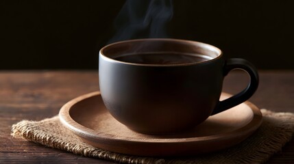 Obraz premium A dark coffee cup with rising steam sits on a rustic wooden surface creating a warm and comforting morning atmosphere