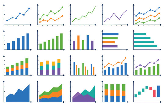 Professional set of 20 isolated blank line graph and bar chart templates with colorful flat data visualization designs, ideal for business presentations, financial reports, and analytics dashboards.