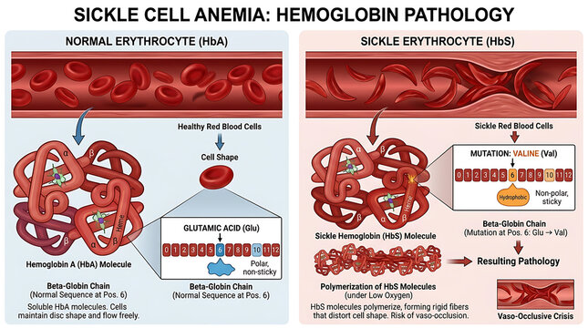 Scientific 3D rendering comparing healthy biconcave erythrocytes with crescent-shaped sickle cells illustrating hereditary anemia and abnormal hemoglobin anatomy in a microscopic blood vessel.