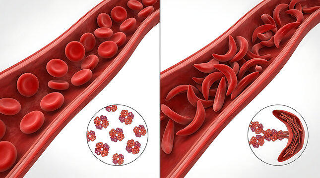 Detailed Medical Illustration Comparing Normal Red Blood Cells with Crescent Shaped Sickle Cells Representing Anemia Disease Anatomy and Hemoglobin Genetic Disorder Concept