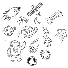Space-themed doodles including rocket, satellite, planet ringed planet and astronaut © Mulya