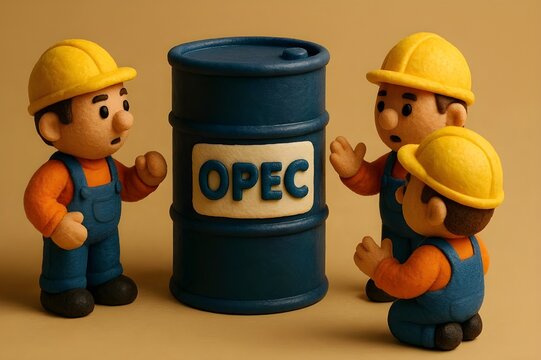 3D Industrial Workers Discussing Production Near OPEC Oil Barrel, Petroleum Organization and Global Supply Policy Concept
