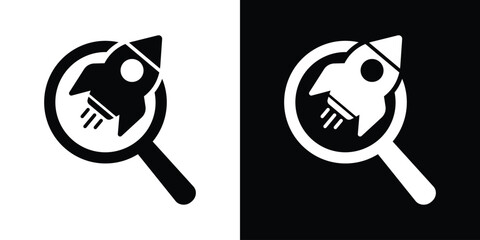 Minimalist vector icon depicting a rocket ship inside a magnifying glass frame. Available in black and white options. Represents startup research, finding innovation, and market analysis. © bibin