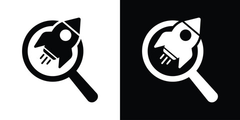Minimalist vector icon depicting a rocket ship inside a magnifying glass frame. Available in black and white options. Represents startup research, finding innovation, and market analysis. © bibin