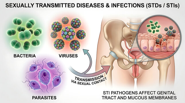 Medical Illustration of Sexually Transmitted Infection Representing Infectious Pathogen Bacteria Virus and Parasite Impacting Reproductive Health and Genital Wellness via Sexual Contact