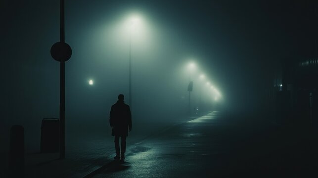 A solitary figure walking down a foggy urban street at night reflecting emotional alienation and loneliness