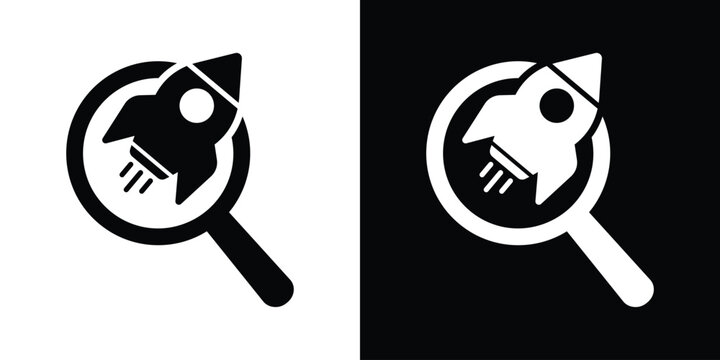 Minimalist vector icon depicting a rocket ship inside a magnifying glass frame. Available in black and white options. Represents startup research, finding innovation, and market analysis.