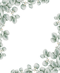 Fototapeta premium Watercolor eucalyptus frame templates. Elegant botanical wedding invitation backgrounds. Minimalist floral greenery borders.