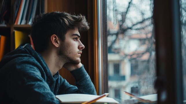 A student staring out a window with a pencil in hand contemplating a difficult life decision during a study break