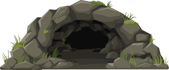 Watercolor stone cave entrance vector with natural grey boulders and green moss details © MdIbrahimIslam