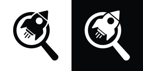 Minimalist vector icon depicting a rocket ship inside a magnifying glass frame. Available in black and white options. Represents startup research, finding innovation, and market analysis. © bibin