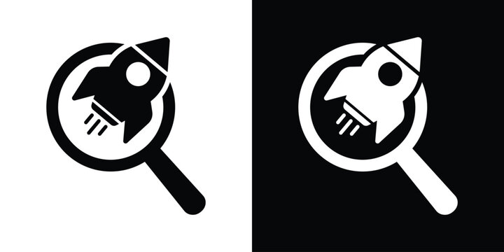 Minimalist vector icon depicting a rocket ship inside a magnifying glass frame. Available in black and white options. Represents startup research, finding innovation, and market analysis.