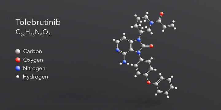 tolebrutinib molecule 3d rendering, flat molecular structure with chemical formula and atoms color coding