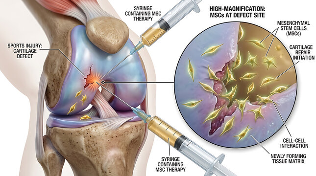 Medical Illustration of Regenerative Medicine Injection with Mesenchymal Stem Cells into Human Knee Joint for Pain Relief and Tissue Repair in Athlete Macro View Cell Therapy Procedure