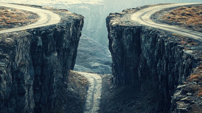 A symbolic image of two roads ending abruptly at a cliff with a deep valley between, illustrating an impasse