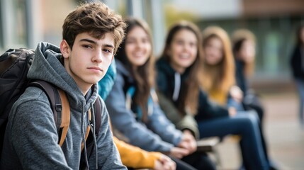 Obraz premium A teenager sitting alone on a school bench with classmates laughing in the background symbolizing social alienation