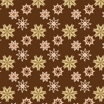 Seamless pattern of stylized star anise and floral motifs in cream, beige and soft pink, set against a rich dark brown background. Warm botanical spice design, perfect for textiles, kitchen decor. 