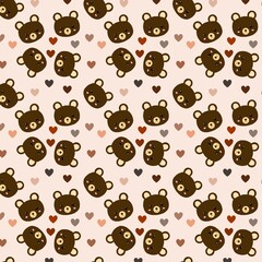 Obraz premium Seamless cute pattern with cartoon bear faces and colorful hearts in soft brown, pink, red and gray on light beige background. Sweet playful design, perfect for baby textiles, nursery decor. 