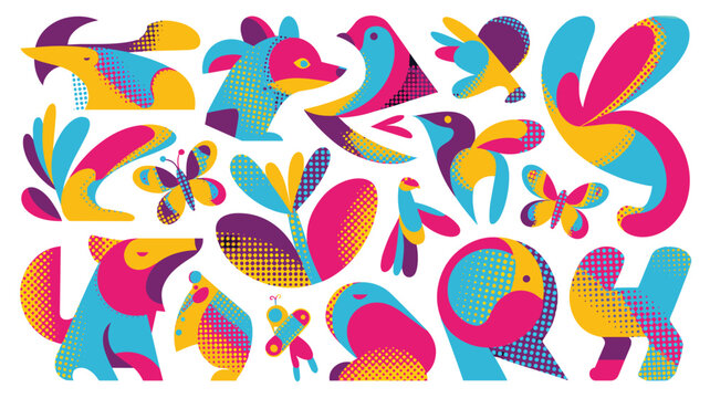 A diverse array of stylized animal and insect figures are arranged in a collage format featuring vibrant color gradients and a distinct halftone dotted texture pattern throughout.