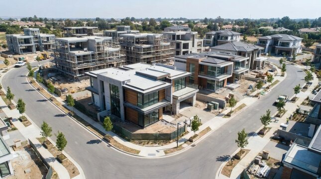 Aerial view of modern suburban housing estate.