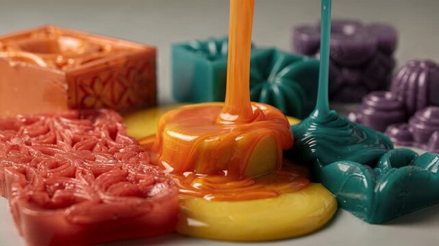 Brightly colored molten paraffin flowing into artistic molds emphasizing vibrant hues and creative casting techniques for decorative wax blocks