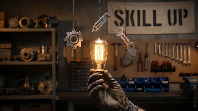 A hand holding a glowing Edison bulb in a workshop setting, symbolizing skill development and innovation. The background features tools and the words SKILL UP stenciled on the wall