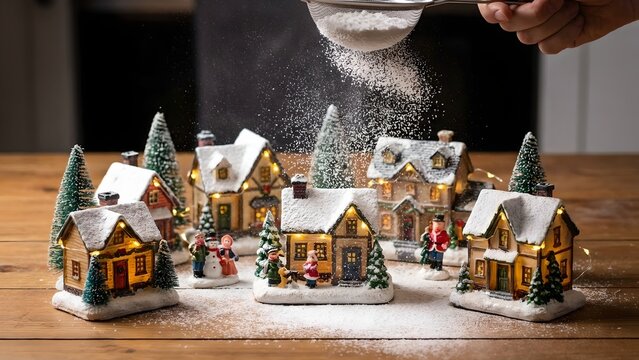 A charming Christmas village scene with miniature houses dusted in powdered sugar, resembling snow. Tiny figures and sparkling lights create a festive atmosphere