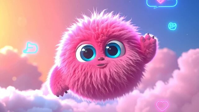 Cute Pink Fluffy Monster Waving and Smiling in Vibrant Sky with Social Media Icons