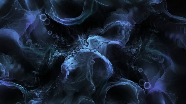 Abstract dark blue and black alcohol ink fluid art background with fine bubbles texture. Elegant luxury watercolor marble effect backdrop for creative corporate video and design.