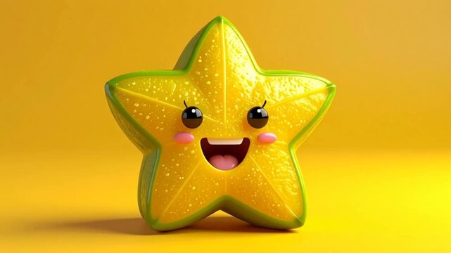 Cute Kawaii Star Fruit Carambola Character Animation on Yellow Background